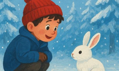Um menino de 6 anos, chamado Tomás, com bochechas rosadas e um sorriso encantado, veste um casaco azul grosso e um gorro vermelho. Ele está agachado na neve, observando uma pequena lebre branca com curiosidade. A lebre, com olhos vivos e orelhas erguidas, está bem à sua frente, sobre um tapete de neve cintilante. Ao fundo, árvores majestosas cobertas de neve rodeiam a cena, com seus galhos pesados e congelados formando um cenário mágico. O céu é de um azul claro, salpicado de flocos de neve que caem suavemente, adicionando um toque mágico à atmosfera invernal.