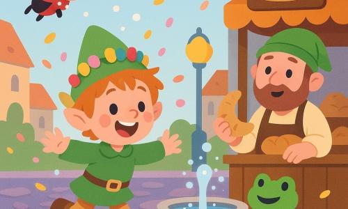 Pip, a small elfin boy with a light-green pointed hat and a crown of colorful candies, slides forward with tousled hair, a big smile, rosy cheeks and crumbs on his knees; Bramble, an adult elfin baker with a round face and light beard, stands right behind a bread stall holding a moon-shaped roll and watching amusedly; a tiny female ladybug, red with black spots and a white-polka-dot scarf, flies in from the left smiling; Sir Hopsalot, a small male frog in a blue cape, sits on the fountain edge clapping; the village square has purple-and-gray cobbles, a round stone fountain with bubbly water, a bread stall with a wooden sign, a purple pebble path and lemon-shaped lampposts; main action: Pip slips toward the stall after splashing from the fountain, his candy crown askew and a jellybean falling, villagers smile and confetti-like petals float in the air; style: bright, high-contrast colors, simple rounded shapes, very soft shadows, flat textures and playful details.