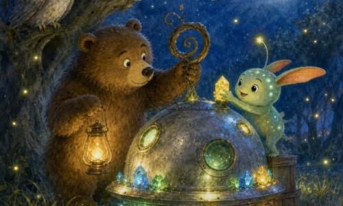 Rolo, un gran oso pardo de pelaje suave y ojos redondos, sostiene una linterna amarilla y ajusta una rama en espiral; Plii, un pequeño extraterrestre redondo con largas orejas tipo zanahoria, piel verde pálida salpicada de puntos luminosos y una antena brillante, coloca cristales luminosos en la carcasa de la lanzadera; un viejo búho gris de plumas en abanico observa desde una rama, curioso y benévolo; el claro del parque de noche muestra césped húmedo, un robusto roble, alfombra de hojas marrones y luciérnagas amarillas; la lanzadera redonda, plateada y abollada reposa entre los troncos emitiendo luces verdes, azules y doradas que se reflejan en las hojas; situación: reparación nocturna y amistosa — dos amigos de distinto tamaño colaboran bajo la luz de las luciérnagas para arreglar una pequeña nave, ambiente suave, mágico y seguro.