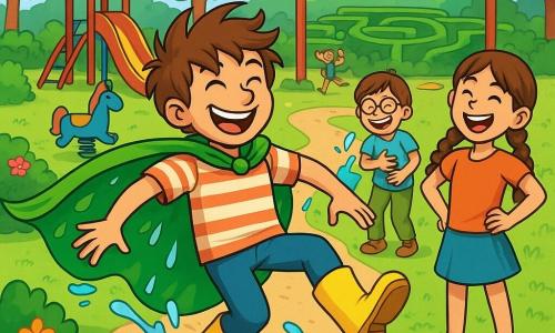 Bartolo, un hombre de cabello despeinado y capa verde brillante, está en el centro del parque, riendo a carcajadas con una gran sonrisa traviesa. Lleva botas de goma amarillas y una camiseta a rayas, mientras que una pequeña corriente de hojas y agua sale de su capa. A su lado, Lucía, una niña de 10 años con trenzas castañas, lo mira riendo, con las manos en las caderas, llena de energía y entusiasmo. Al fondo, Samuel, un niño de 9 años con gafas redondas, se sostiene el vientre, riendo a carcajadas, mientras intenta contener un globo de agua que acaba de estallar en su mano. El parque Aventurópolis es un lugar vibrante y colorido, lleno de juegos, toboganes gigantes y vegetación exuberante, con niños jugando por todas partes y risas resonando en el aire. A lo lejos, un laberinto de arbustos forma un camino sinuoso, mientras que flores multicolores bordean los senderos. La escena principal muestra a Bartolo deslizándose sobre una cáscara de plátano, a punto de caer, pero con una sonrisa traviesa, listo para convertir este accidente en una nueva aventura hilarante.