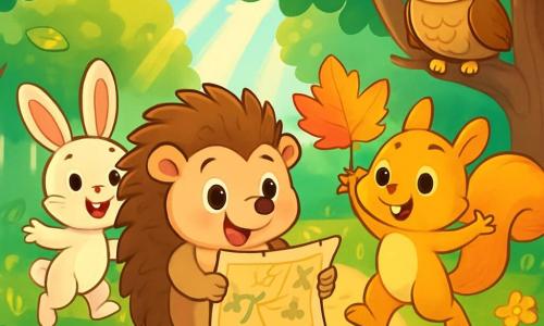 A little hedgehog named Henry, with brown spines and sparkling curious eyes, stands at the center of the image, smiling enthusiastically. Next to him, Lucy, a golden-furred squirrel with bright eyes, joyfully jumps while holding a colorful leaf. Benny, a small rabbit with large white ears, stands a little behind, looking excited and ready to leap. Max, an owl with brown feathers and round glasses, observes the scene wisely from a tree branch. The scene takes place in an enchanted forest, where rays of sunlight filter through green leaves, illuminating a winding path lined with colorful flowers and golden leaves. In the background, a majestic oak tree stands tall, its branches forming a natural shelter. Henry and his friends discover a mysterious map, filled with joy and excitement, ready to embark on an adventure to find a hidden treasure in the forest.