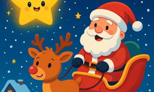 A little sparkling star named Twinkloo, with a smiling face and twinkling eyes, joyfully floats above a Christmas sleigh. Twinkloo shines with a soft golden light, illuminating the snowy night with an expression of pride and happiness. Next to him, Santa Claus, a jovial man with a long white beard and a bright red suit, looks at Twinkloo with admiration and a big smile, holding the reins of his sleigh. Rudolph, the shiny-nosed reindeer, stands in front, his eyes gleaming with excitement, ready to deliver gifts. The scene takes place in a starry sky, filled with gently falling snowflakes, with houses below decorated with colorful lights and sparkling garlands. The main situation shows Twinkloo lighting the way for Santa's sleigh, ready to deliver gifts to children around the world, creating a magical and festive atmosphere.