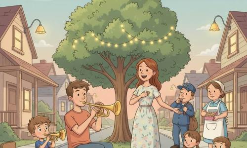 The main character is a young man, Leo (about 25), with a gentle smile and short brown hair, seated on a small wooden stool playing a bright yellow trumpet; a boy (about 6) in a blue-and-red striped t-shirt sits on the curb playing a plastic toy trumpet; Mira (about 30), with long chestnut hair in a light floral dress, stands singing with one hand on her heart; a baker (about 40) in a white apron with flour on her hands holds a box of cookies on her doorstep; a postman (about 35) in a blue uniform listens in the background; two children (about 5) sit on a checkered blanket tapping wooden spoons; it's a quiet residential street at twilight with low houses, hanging yellow lamps, a large tree wrapped in small lights, blankets and small chairs on the sidewalk and a round moon above the roofs; the scene is a warm, intimate neighborhood music circle under the tree with pastel colors, hand-drawn textures and a comforting, peaceful atmosphere.
