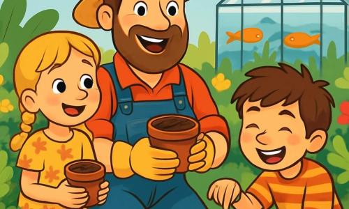 A smiling and warm man, Farmer Joe, with a brown beard and denim work clothes, stands in the middle of a lush garden, holding a small pot of soil in his hands. His eyes shine with excitement and pride as he shows the children how to plant seeds. Next to him, an 8-year-old girl named Lily, with braided blonde hair and a floral dress, looks on in wonder, holding a small pot of soil. A 9-year-old boy named Max, with messy brown hair and a striped t-shirt, crouches near Farmer Joe, putting seeds in his pot, his face covered in dirt and a big smile on his lips. The scene is set in a sunny garden surrounded by rows of colorful vegetables, vibrant flowers, and a clear blue sky dotted with white clouds. In the background, there is a large glass greenhouse where fish swim, symbolizing aquaponics. The main situation shows Farmer Joe teaching the children how to plant seeds, surrounded by greenery, with expressions of joy and curiosity on their faces, illustrating the harmony between man and nature.