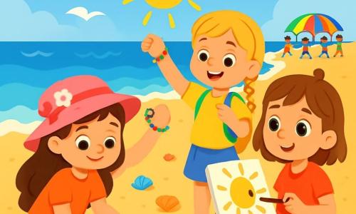 There are 3 characters: - Lily: a 7-year-old girl with long brown hair, wearing a pink flower hat. She is drawing on a large sheet of paper, sitting on the sand. - Mia: a 6-year-old girl with braided blonde hair, wearing a bright yellow backpack. She is standing next to Lily, proudly showing a colorful bracelet she just made. - Zoe: a 7-year-old girl with brown hair, wearing shiny blue sandals. She is sitting on the sand, holding a paint palette and a brush, painting a large sun on her canvas. The scene takes place on a sunny beach, with gentle waves crashing on the shore. The sky is bright blue, dotted with fluffy white clouds. Colorful seashells are scattered on the golden sand, and in the distance, children are playing with a large multicolored parachute. The main situation shows the three girls creating art together on the beach, surrounded by laughter and joy, while the sun shines above them, illuminating their creativity and friendship.