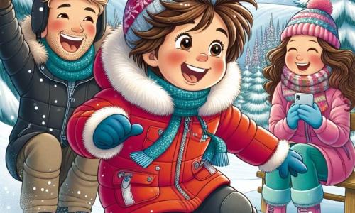 Um menino de 8 anos, Miguel, com cabelos castanhos bagunçados e um grande sorriso no rosto, está deslizando na neve, vestido com um casaco vermelho vivo, luvas azuis e um gorro com pompom. Ele parece alegre e animado, com os braços abertos para manter o equilíbrio. Ao seu lado, seu pai, um homem de cerca de 35 anos com uma barba leve e um sorriso caloroso, o incentiva levantando os braços, vestido com um casaco preto e um gorro de lã. Sua mãe, uma mulher de cerca de 33 anos com cabelos longos e cacheados, está sentada em um banco de madeira, rindo e tirando fotos com seu celular, usando um casaco rosa e um cachecol colorido. O cenário é uma estação de esqui mágica, com montanhas cobertas de neve ao fundo, pinheiros cobertos de neve brilhante e um céu azul claro. Flocos de neve caem suavemente, adicionando um toque encantador à cena. A situação principal mostra Miguel aprendendo a esquiar pela primeira vez, caindo alegremente na neve, cercado de risos e incentivos de sua família, criando um momento de felicidade e cumplicidade no inverno.