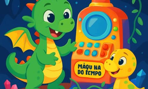 Um pequeno dragão chamado Tico, com escamas verdes brilhantes e olhos cheios de curiosidade, está diante de uma máquina do tempo colorida, cheia de botões luminosos. Ele sorri amplamente, demonstrando sua empolgação. Ao lado dele, um bebê dinossauro, com pele amarela e manchas verdes, olha para Tico com olhos redondos e amigáveis, pronto para brincar. A cena ocorre em uma caverna misteriosa, onde estalactites brilham no teto e cristais coloridos iluminam as paredes escuras. A máquina do tempo, com suas luzes piscantes, se ergue no centro, cercada por cipós e pequenas pedras brilhantes. Tico e o dinossauro riem e se divertem, prontos para se aventurar juntos no passado.