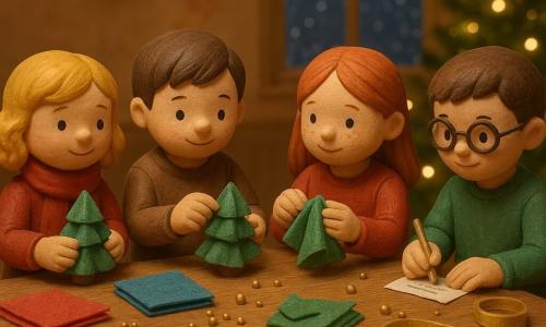 Er zijn 4 kinderen: - Een meisje genaamd Nora, ongeveer 7 jaar, met blonde krullen en een rode sjaal, ze houdt een kleine kerstboom van een servet in haar handen. - Een jongen genaamd Sam, ongeveer 7 jaar, met kort bruin haar en rode wangen, hij plakt kleine gouden kraaltjes op een andere kerstboom van een servet. - Een meisje genaamd Sanne, ongeveer 8 jaar, met rood haar en sproeten, ze laat zien hoe je een servet in de vorm van een kerstboom vouwt. - Een jongen genaamd Bram, ongeveer 8 jaar, met ronde bril en een groene trui, hij schrijft een wens op een klein stukje papier. De locatie is een warme eetkamer versierd voor Kerstmis. Een grote houten tafel is bedekt met kleurrijke servetten, glanzende kralen en gouden linten. Op de achtergrond toont een raam zacht vallende sneeuwvlokken. De hoofdscène toont de kinderen geconcentreerd en vrolijk, samenwerkend om kerstbomen van servetten te maken. De kerstlichtjes fonkelen om hen heen, en een sfeer van feest en kameraadschap vult de kamer.
