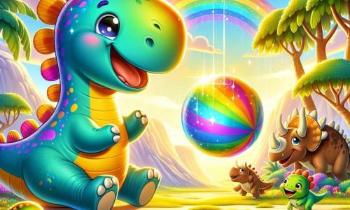 Dippy, de diplodocus, is een grote dinosaurus met een lange nek en een huid in regenboogkleuren, met een enorme glimlach van vreugde. Hij staat in het midden van de afbeelding, omringd door kleurrijke bloemen en grote groene bomen, terwijl hij speelt met een grote glanzende bal die net uit de lucht is gevallen. Naast hem is Trixie, de kleine triceratops, een schattige dinosaurus met drie hoorns op haar hoofd en een groene huid. Ze springt van blijdschap met haar voorpoten omhoog, terwijl ze Dippy bewonderend aankijkt. Iets verderop staat Rex, de tyrannosaurus, een imposante dinosaurus met een bruine huid en scherpe tanden, die glimlacht en applaudisseert, zijn enthousiasme voor het spel toonde. De achtergrond is een prachtig prehistorisch eiland, verlicht door gouden licht, met bergen op de achtergrond en een blauwe lucht bezaaid met donzige witte wolken. De kleurrijke bloemen en grote bomen creëren een vrolijke en magische sfeer. De hoofdscène toont Dippy die zijn nieuwe kleurrijke uiterlijk ontdekt nadat hij de magische bal heeft aangeraakt, terwijl zijn vrienden hem aanmoedigen en plezier hebben, wat de lucht vulde met gelach en geluk.