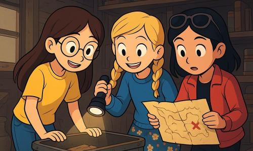 Hay 3 personajes: - Lucía: una niña de 12 años, con largos cabellos castaños y gafas redondas. Lleva una camiseta amarilla y unos jeans. Está inclinada sobre una vieja caja de metal, con los ojos brillantes de curiosidad. - Emma: una niña de 12 años, con trenzas rubias y una sonrisa traviesa. Lleva un suéter azul y una falda de flores. Está al lado de Lucía, sosteniendo una linterna que ilumina el contenido de la caja. - Valentina: una niña de 12 años, con cabello negro y gafas de sol en la cabeza. Lleva una chaqueta roja y pantalones negros. Está un poco apartada, examinando un viejo mapa enrollado que encontró en la caja. El lugar donde ocurre la situación principal es un viejo desorden de desalojo, con paredes de madera oscura, telarañas en las esquinas y estanterías llenas de libros antiguos y recuerdos polvorientos. La luz tenue de una ventana deja entrever sombras misteriosas, mientras un aroma a papel viejo flota en el aire. La situación principal de la historia muestra a las tres amigas descubriendo un antiguo tesoro escondido, con los ojos muy abiertos de sorpresa y emoción. Se inclinan sobre un mapa misterioso, rodeadas de viejos objetos, listas para embarcarse en una aventura inolvidable.