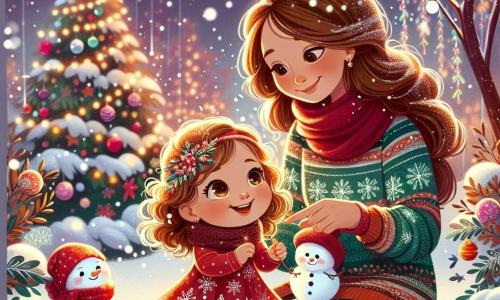 Una niña de 1 año, con grandes ojos brillantes y cabello rizado, lleva un vestido rojo con motivos de copos de nieve. Sonríe con asombro mientras sostiene un pequeño muñeco de nieve con una bufanda roja. A su lado, su mamá, una mujer de unos 30 años con cabello largo y castaño, lleva un suéter verde y mira a su hija con ternura, lista para abrazarla. El fondo es un jardín nevado, iluminado por guirnaldas brillantes en los árboles, con un gran árbol de Navidad decorado con bolas de colores y luces. La nieve cubre el suelo como una suave alfombra blanca, y los copos caen suavemente del cielo. La escena principal muestra a la niña y su mamá jugando juntas en la nieve, rodeadas de magia y luz, mientras el muñeco de nieve brilla suavemente a su lado, creando una atmósfera festiva y alegre.