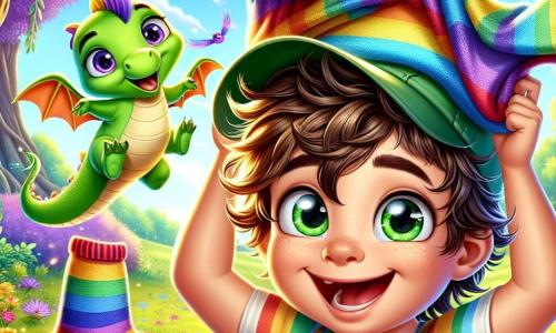 Un niño de 6 años, Lucas, con cabello castaño despeinado y grandes ojos brillantes de curiosidad, se encuentra en el centro de la imagen. Lleva una gorra de explorador verde y una camiseta de rayas coloridas, con una gran sonrisa en su rostro, mientras se divierte poniéndose un calcetín multicolor en la cabeza. A su lado, un dragón amistoso llamado Ravi, que parece un pequeño dragón verde con escamas brillantes y alas translúcidas, ríe flotando ligeramente sobre el suelo, añadiendo un toque de magia a la escena. El escenario es un claro encantado del Bosque de los Sueños, donde los árboles son de un violeta brillante y las flores bailan al ritmo de una suave brisa, creando una atmósfera alegre y colorida. Al fondo, un gran cofre dorado, entreabierto, deja entrever calcetines de todos los colores, mientras que pájaros de plumas arcoíris vuelan a su alrededor, sumando a la magia del lugar. La situación principal muestra a Lucas y Ravi riendo juntos, rodeados de galletas gigantes que flotan en el aire, ilustrando un momento de descubrimiento y alegría, donde la aventura toma un giro inesperado y divertido.