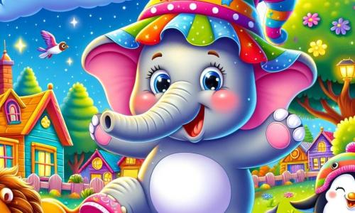 A cheerful elephant with large pink ears and a bright smile, wearing a big colorful hat that falls over its eyes, stands in the center of the image, flopping on its legs while playing. Next to it, a golden-haired lion with an amused expression jumps joyfully, its paws raised. Further away, a small penguin in pink boots slides on the ground, laughing heartily. In the background, a colorful animal village with bright wooden houses, vibrant green trees, and a sparkling starry sky. The scene shows the elephant and its friends playing a fun game, laughing and enjoying together under the moonlight.
