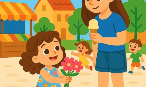 Een klein meisje van 2 jaar, Emma, met grote sprankelende ogen en krullend kastanjebruin haar, glimlacht vrolijk terwijl ze een boeket roze bloemen in haar kleine handen vasthoudt. Ze draagt een lichte bloemenjurk en kleurrijke sandalen. Naast haar staat haar mama, een vrouw van ongeveer 30 jaar met lang, steil haar, die een blauwe t-shirt en een spijkerbroekshort draagt, en haar dochter met genegenheid aankijkt terwijl ze een ijsje vasthoudt. De achtergrond is een charmant zonnig dorpsplein met kleurrijke marktkramen, spelende kinderen en groene bomen op de achtergrond. De hoofdscène toont Emma, stralend van blijdschap, terwijl ze trots haar boeket bloemen aan haar mama laat zien, terwijl een groep kinderen in de buurt speelt, rent en lacht onder de blauwe lucht.