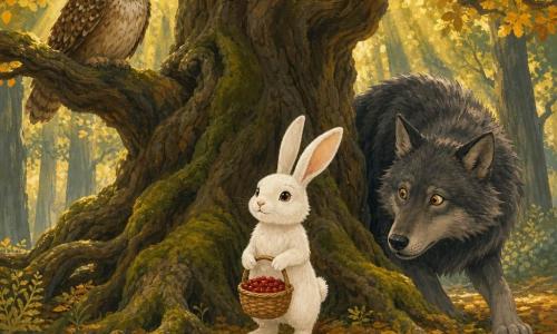 Pim is een klein wit konijntje met lange zijdezachte oren, glanzende ogen en een dappere rustige uitdrukking, staand op de voorgrond met een mandje rode bessen; de grote boze wolf is een grote donkergrauwe hondachtige met ruige vacht en amberkleurige ogen, voorzichtig verrast en licht gehurkt rechts achter Pim; de wijze oude uil zit op een lage tak van een eik links boven, beige‑bruine veren en geduldig kijkend; het decor is een oud bos met okerkleurig bladbedsel en groen mos, gouden zonnestralen tussen knoestige stammen en een kromme wortel rond een imposante eik; de scène toont Pim die de wolf naar de oude eik leidt in een kalm, lichtvol moment waarin angst plaatsmaakt voor nieuwsgierigheid, met een warme, veilige sfeer en zachte kleuren met uitgesproken contrasten.