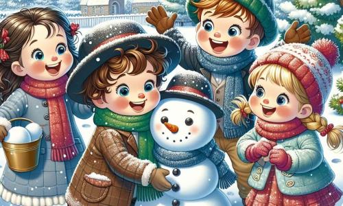 In un giardino innevato, cinque bambini giocano allegramente. Luca, un ragazzo di quattro anni con capelli ricci e un grande sorriso, rotola una palla di neve per costruire un pupazzo di neve. Sara, una bambina di cinque anni con due lunghe trecce, è alla sua destra, alzando le braccia in aria con entusiasmo, pronta ad aggiungere una carota per il naso del pupazzo. Marco, un ragazzo di quattro anni con occhiali e un berretto rosso, è a sinistra di Luca, ridendo mentre mostra le sue piccole impronte di neve nel giardino. Emma, una bambina di cinque anni con guance rosa e un cappotto blu, è dietro Luca, tenendo un secchio pieno di neve per fare delle palle. Tom, un ragazzo di quattro anni con una sciarpa verde, è un po' in disparte, mentre fa una battaglia di palle di neve con un grande sorriso. La scena rappresenta i bambini intenti a costruire un pupazzo di neve, ridendo e divertendosi insieme, catturando lo spirito gioioso e ludico dell'inverno.