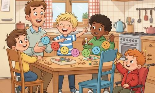 Ci sono 5 personaggi: 4 bambini—Leo, circa 4 anni, capelli castani corti, maglione giallo, tiene la ghirlanda di sorrisi a sinistra e guarda il papà sorridendo; Nico, circa 4 anni, capelli biondi spettinati, maglietta a righe blu e bianco, al centro-sinistra, ride e indica un sorriso di carta; Sami, circa 4 anni, capelli neri ricci, felpa verde, al centro-destra, sta incollando un sorriso sulla ghirlanda; Tommi, circa 4 anni, capelli rossi, giacca rossa, seduto in una piccola carrozzina/sedia a rotelle rossa a destra, tiene l'estremità della ghirlanda e il suo campanello fa "din din". C'è 1 papà: uomo di circa 35 anni, barba corta e capelli castani, camicia chiara, di fronte ai bambini leggermente accovacciato, occhi lucidi e mani aperte per ricevere la ghirlanda. Luogo: una cucina calda e luminosa con tavolo in legno chiaro, sedia dipinta di blu, finestra con tenda a quadretti, briciole di biscotti sul tavolo e una scatola di materiale creativo con carta colorata, forbici e colla. Situazione principale: i quattro bambini tendono una ghirlanda di cerchi di carta colorata con visi sorridenti, sospesa tra due sedie, e il papà alza le mani emozionato sorridendo; luce morbida, colori vivaci, atmosfera tenera e gioiosa.