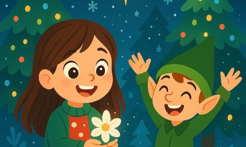 Una bambina di 6 anni, di nome Sofia, con lunghi capelli castani e occhi scintillanti di gioia, sorride meravigliata mentre tiene in mano un piccolo fiore bianco e brillante. Indossa un vestito rosso a pois bianchi e un maglione verde, e si trova al centro della scena, circondata da magia. Accanto a lei, un elfo gioioso di nome Elfogetto, di circa 100 anni ma con l'aspetto di un giovane ragazzo, indossa un cappello verde a punta e ha un sorriso radioso. Alza le braccia in aria, come se stesse celebrando la loro scoperta. L'ambiente è una foresta incantata, piena di alberi di Natale scintillanti, fiocchi di neve che cadono dolcemente e luci colorate che brillano nella notte stellata. La scena è illuminata da una stella brillante che guida il loro cammino, aggiungendo un tocco di magia all'atmosfera. Sofia ed Elfogetto stanno celebrando la scoperta del Fiore di Natale, circondati dal bagliore delle luci e dalla bellezza della natura, pronti a portare la magia del Natale al Villaggio di Babbo Natale.