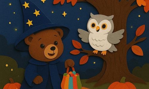 Un piccolo orso bruno (stile peluche realistico, occhi rotondi neri, musetto chiaro) sorridente e meravigliato, con un costume da mago blu notte e un grande cappello a punta decorato di stelle dorate, tiene un sacchetto colorato di caramelle di carta e siede sotto una grande quercia; un gufo ovale bianco e grigio, occhi grandi e brillanti, gioioso, è appollaiato su un ramo basso a destra dell'orso sbattendo leggermente le ali; zucche intagliate in carta arancione acceso con facce gentili, allineate lungo un sentiero sinuoso in primo piano e illuminate dall'interno da piccole fiamme gialle; la quercia centrale è massiccia, corteccia testurizzata marrone scuro, rami larghi coperti di foglie rosse, arancioni e gialle, con un piccolo sacchetto di caramelle appeso a un ramo basso; scena notturna di Halloween con cielo indaco punteggiato di stelle stilizzate, piccole lucciole gialle che fluttuano, atmosfera calda e giocosa, luci calde a contrasto con ombre morbide; azione principale: l'orso scopre il sacchetto di caramelle sotto l'albero mentre il gufo arriva per congratularsi, espressione di sorpresa felice e complicità amichevole.