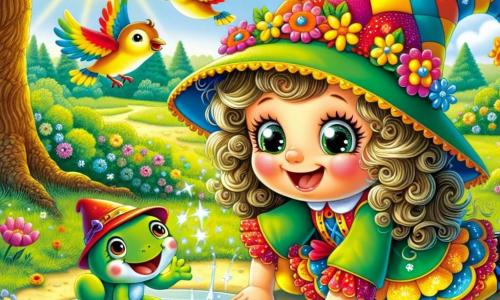Una bambina di 4 anni, di nome Tina, con grandi occhi scintillanti e capelli ricci, indossa un cappello magico colorato e un sorriso radioso di gioia. È accovacciata vicino a una pozzanghera, mentre parla a una piccola rana verde che la guarda con curiosità. Accanto a lei, un uccello colorato, con piume rosse e gialle, vola allegramente nel cielo blu, cantando una melodia coinvolgente. Più lontano, un grande albero con foglie verdi e dorate si erge maestoso, con rami che si estendono come braccia accoglienti. La scena si svolge in un giardino incantato, pieno di fiori vivaci e farfalle svolazzanti. Il sole splende, creando ombre danzanti sul terreno, e una leggera brezza muove le foglie. Tina, con il suo cappello magico, cerca un tesoro nascosto nel giardino, ridendo e giocando con la rana, che sembra divertirsi alle sue domande.