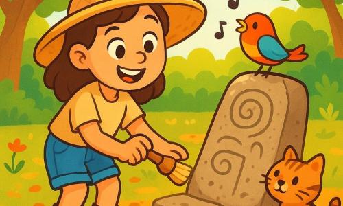 A female archaeologist named Lily stands on an ancient stone path, with a delighted smile on her face. She wears a wide-brimmed straw hat, a beige blouse, and denim shorts, holding a small brush in her hand. Beside her, her cat Whiskers, a small tabby, curiously observes the stones. A colorful little bird named Chirp perches on a stone, singing joyfully. The setting is a sunny clearing surrounded by green, leafy trees, with sunlight filtering through the branches. The ground is covered in golden leaves and small wildflowers. Lily is discovering mysterious markings on the ancient stones, her face expressing joy and curiosity. Whiskers approaches the stones while Chirp flies around them, adding a touch of magic to this archaeological adventure.