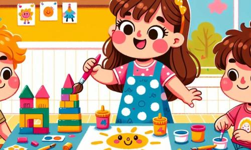 Una bambina di 4 anni, Mia, con lunghi capelli castani e occhi pieni di curiosità, è seduta a un tavolo da pittura. Sorride gioiosamente mentre tiene un pennello rosa, dipingendo un grande sole su un foglio bianco. Accanto a lei, Marco, un ragazzo di 5 anni con capelli ricci e una maglietta rossa, ammira la sua opera tenendo dei mattoncini colorati. Più in là, Sofia, una bambina di 4 anni con un vestito blu a pois e due trecce, mostra orgogliosamente il suo dipinto di una torre colorata. La scena si svolge in un’aula luminosa e accogliente, con muri gialli, finestre che lasciano entrare la luce del sole e disegni appesi ovunque. Mia e i suoi amici si divertono a dipingere e giocare insieme, creando un’atmosfera di gioia e amicizia mentre scoprono il piacere di imparare a scuola.