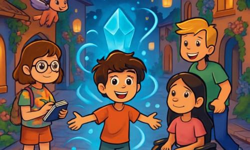 Há 4 crianças: - Miguel: um garoto de 11 anos com cabelos castanhos bagunçados e olhos brilhantes de curiosidade, está no centro, com os braços abertos, pronto para explorar o mundo mágico ao seu redor. - Clara: uma menina de 10 anos, usando óculos redondos e uma camiseta colorida, está um pouco atrás, segurando um caderno e uma caneta, observando atentamente os detalhes ao seu redor. - Lucas: um garoto de 12 anos, sorridente, com cabelos loiros e uma atitude amigável, empurra a cadeira de rodas de Sofia, que está à sua direita. - Sofia: uma menina de 11 anos, com cabelos longos e negros, com um olhar calmo e determinado, está sentada em sua cadeira de rodas, com as mãos sobre os joelhos, admirando a paisagem mágica. O cenário é um bairro encantado, cheio de lanternas flutuantes que iluminam ruas de pedra, com casas decoradas com flores coloridas e paredes cobertas de hera, criando uma atmosfera de conto de fadas. No centro, um grande cristal azul brilha, cercado por uma energia luminosa e vibrante, enquanto criaturas fantásticas voam ao redor. A situação principal mostra as crianças descobrindo o coração da névoa, prontas para restaurar o equilíbrio entre seu mundo e o mundo mágico, cercadas de magia, aventuras e mistérios, com expressões de determinação e admiração em seus rostos.