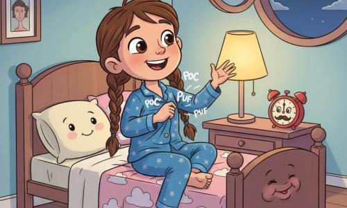 Mara, 8 ani, zâmbitoare și curioasă, păr brun împletit, ochi mari și strălucitori, poartă pijama albastră cu mici stele albe și râde întinzând mâna spre pijamaua animată care scotea bule sonore POC, PUF; perna de pluș crem cu față brodată zâmbește pe pat în stânga, o pătură roz cu nori acoperă parțial picioarele, un ceas retro roșu cu ochi desenati și mustață stă pe noptieră în dreapta și clipeste; camera e cozy seara, cu pereți bleu pal, lampadar galben cald, covor crem și fereastră rotundă deschisă arătând luna argintie și câteva stele; scena: Mara râde pe pat căutând amuzată un buton ascuns ca să oprească glumele și să adoarmă.