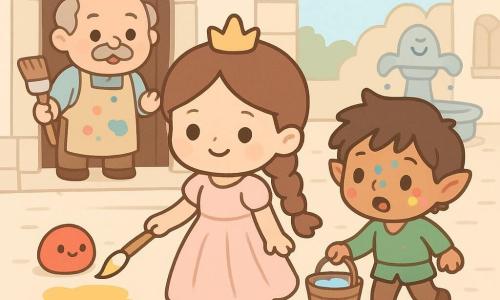 Een prinses (meisje) met rond gezicht en bruine vlecht, lichtroze geplooide jurk, zachte vastberaden blik, ze reikt glimlachend een kleine Fluisterkwast naar een grote gele vlek; een elfje Fliereflap (jongen, ~8) met puntige oren, warrig haar en verfspetters op de neus, strompelt achter haar met een emmer schuimend water; Meester Muraal (man, ~60) breed, met snor en verfvlekken op het schort, staat bij de houten atelierdeur verrast maar geamuseerd met een groot penseel in de hand; vele ronde kleurrijke vlekken (rood, blauw, geel, groen) met oogjes en lachjes rollen in een ondeugende rij richting het atelier, sommige stuiteren, andere dragen minihoedjes; decor: zachte stenen paleishof, fontein op de achtergrond, pastelvlaggetjes en een open houten atelier met witte doeken; sfeer: vrolijk en geruststellend, heldere contrasterende kleuren, zachte schaduwen, kawaii minimal stijl met eenvoudige lijnen, grote expressieve ogen en een zuivere pastelpalet.