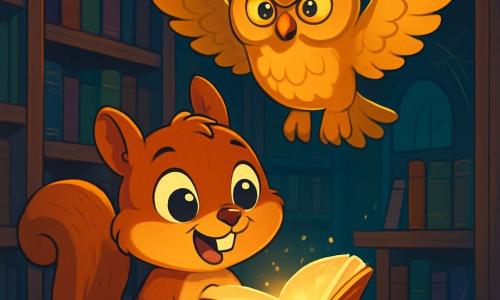 Snuitje, een kleine eekhoorn met glanzende ogen en een zachte, bruine vacht, staat voor een oude, donkere houten bibliotheek met een uitdrukking van nieuwsgierigheid en opwinding op zijn gezicht. Hij houdt een oud boek open vast, zijn kleine pootjes trillen van enthousiasme. Boven hem zweeft een grote uil met gouden veren en doordringende ogen, die Snuitje met een wijze en welwillende blik observeert, zijn vleugels uitgespreid, klaar om advies te geven. De scène speelt zich af in een mysterieuze bibliotheek vol stoffige boeken met kleurrijke omslagen, met gebeeldhouwde houten boekenplanken en dansende schaduwen van het gedempte licht dat door de stoffige ramen filtert. Spinrag versiert de hoeken en voegt een vleugje avontuur toe. Snuitje, geïntrigeerd, ontdekt een glinsterend boek op een gemarmerde tafel, terwijl de uil hem in de gaten houdt, klaar om hem te waarschuwen voor de gevaren die hem wachten in de wereld van angstaanjagende verhalen.
