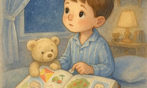 Een jongetje van 6–7 jaar met kort bruin haar en blauw-wit gestreepte pyjama, rond gezicht en vochtige maar rustige ogen, zit op de rand van zijn bed met een groot kleurrijk herinneringenboek op zijn schoot; een crèmekleurige teddybeer met bruin genaaid neusje ligt op zijn knieën met een poot op de pagina. Op de pagina kleurrijke stickers: een rood-geel vlieger, een groene fiets, een appelboom met rode appels en een klein naïef plaatje van een glimlachende opa met grijs haar en snor. De nachtelijke slaapkamer is zacht verlicht: een open raam met licht gordijn dat beweegt, diepindigo sterrenhemel met één heldere ster waar hij naar opkijkt, warme nachtlamp, houten plank met speelgoed en boeken en een zacht vloerkleed. Hoofdscène: hij plakt of bekijkt een sticker terwijl hij lichtjes omhoog kijkt naar de heldere ster, in een kalme, tedere en melancholisch troostende houding.