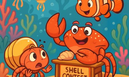 In the center of the image, Shelly, a young hermit crab with a shiny, polished shell, expresses a mix of nervousness and determination. Her small legs are raised, and she looks with sparkling eyes of curiosity, ready to approach her friend. To her right, Finn, a clownfish with bright orange and white stripes, swims joyfully, wearing an encouraging smile. His fins flutter in the clear water, and he seems ready to support Shelly in this delicate moment. In the background, the underwater landscape of Coral Cove is filled with colorful corals, floating bubbles, and jellyfish lanterns that illuminate the scene with a soft, warm light. Seaweed gently sways with the waves, adding a touch of movement to the environment. The main situation shows Shelly timidly approaching Magnus, a large crab with a shell adorned with sparkling pearls, who looks surprised yet curious. The two friends stand near a table decorated with seashells, where a shell contest is taking place, creating an atmosphere of tension and excitement.