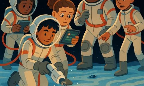 A focused, calm 14-year-old boy, Jalen, kneels on the icy surface with a determined face, short tousled black hair and a raised clear helmet, delicately holding a compact white-and-metal drill with a blue tip; beside him stands 14-year-old Lysa in a light spacesuit, curly hair tied back, tablet and notebook in hand, monitoring red and green readouts; behind Jalen is the sturdy, serious 15-year-old Bram with closed helmet and a hand on a safety strap, ready to stabilize the drill, his spiked boots anchored in the ice; to the side Keon, about 14, points at a thin crack with a surprised but focused expression and a nervous smile. They work on a small icy moon called Thimble — a rippled, blue-black mineral-speckled surface under a starry black sky, the small white Moth ship with circular thrusters in the background, red safety lines stretched between them — extracting an ice core containing a mineral vein, fine dust and flakes suspended in the cold air, a controlled, cooperative tension, cool lighting with warm reflections on their faces, composition centered on the drilling action and the team’s attentive gazes.