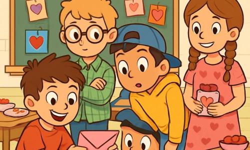 There are 4 children: Max, a 10-year-old boy with messy brown hair, wearing a red t-shirt and blue shorts, crouching and holding a small pink envelope with a big smile on his face. Charlie, also 10, has round glasses and blond hair, dressed in a green plaid shirt and jeans, standing next to Max with crossed arms, looking curious. Theo, a 10-year-old boy with black hair and a backward cap, wearing a yellow sweatshirt, leans forward, wide-eyed, looking at the card just behind Max. Jamie, a 10-year-old girl with braided brown hair, wearing a pink dress with heart patterns, stands slightly back, smiling and holding a heart-shaped candy. The setting is a classroom decorated for Valentine's Day, with red and pink heart garlands on the walls, colorful greeting cards on the boards, and tables covered with heart-shaped cupcakes and candies. The main scene shows the children investigating the mysterious pink envelope Max found, surrounded by festive decorations, creating a joyful and exciting atmosphere, ready to uncover the secret of the Valentine's card.