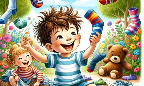 A 2-year-old boy with messy brown hair and a big smile joyfully dances amidst a pile of colorful socks dancing around him. He wears a striped t-shirt and blue shorts, his eyes sparkling with excitement. Next to him, a 2-year-old girl with pigtails and a laughing face holds a sock in each hand, ready to make them dance. A teddy bear, Benny, appears to be about 3 years old, sitting on the floor with arms raised as if wanting to join the fun. The scene takes place in a sunny garden filled with colorful flowers and green trees, with a clear blue sky in the background. The socks dance happily, creating a joyful and playful atmosphere as the children laugh and dance along, adding a touch of magic to this fun moment.