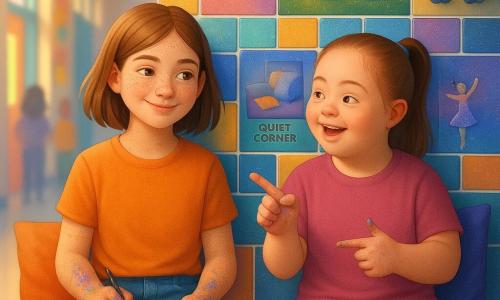 12-year-old Maya, smiling with mid-length brown hair, freckles and paint- and glitter-stained hands, sits on a cushion under a colorful painted-tile mosaic beside Leah, also about 12 with Down syndrome, round face, bright eyes and ponytail, hands covered in glitter as she happily points to a tile of a dancer; they sit slightly angled toward each other on a wide bench with library cushions, in front of a hallway wall mosaic featuring metallic-paper shimmering lamps, a bicycle on a green hill, silver headphones and a small "quiet corner" tile, while a blurred, lively school corridor with colorful lockers and posters and soft natural light forms the background, creating a warm, calm post-unveiling atmosphere focused on their connection and diversity.