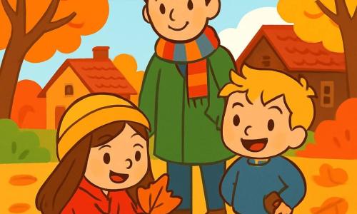 Ci sono 3 personaggi: - Anna: una bambina di 5 anni con lunghi capelli castani e occhi scintillanti. Indossa una giacca rossa e un berretto giallo. È accucciata, tenendo una foglia d'autunno tra le mani. - Luca: un bambino di 4 anni con capelli biondi arruffati e un sorriso splendente. Indossa un maglione blu e pantaloni beige. È in piedi accanto ad Anna, con una castagna nella tasca. - Mamma: una donna di circa trent'anni con capelli castani raccolti in un chignon. Indossa un cappotto verde e una sciarpa colorata. Si trova dietro ai bambini, guardandoli con un sorriso caloroso. Il luogo è un affascinante villaggio autunnale, con alberi dalle foglie di rosso, arancione e giallo. Il terreno è coperto di foglie morte che scricchiolano sotto i passi. Sullo sfondo, si vedono case di legno con tetti di tegole e un cielo blu chiaro punteggiato di nuvole bianche. La situazione principale mostra Anna e Luca intenti a raccogliere foglie colorate e castagne, meravigliati dai colori dell'autunno. Ridono e si divertono, mentre la loro mamma li osserva con tenerezza, creando un'atmosfera gioiosa e calorosa.