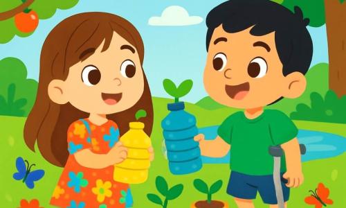 Há 2 personagens principais: Sofia, uma menina de seis anos com longos cabelos castanhos e olhos brilhantes, vestindo um vestido colorido com flores e segurando uma garrafa de plástico pintada de amarelo, sorrindo; e Miguel, um menino de seis anos com cabelos curtos e pretos, usando uma camiseta verde e um short azul, que se desloca com uma muleta e olha para Sofia com entusiasmo, segurando uma garrafa de plástico pintada de azul. O cenário é um jardim vibrante e ensolarado, cheio de flores coloridas, árvores frutíferas carregadas e um pequeno lago cintilante, com borboletas voando e pássaros cantando, criando uma atmosfera alegre. A cena principal mostra Sofia e Miguel reciclando garrafas de plástico para fazer vasos de flores, cercados por vasos coloridos com terra e mudas, enquanto riem e se divertem criando um jardim ecológico juntos.