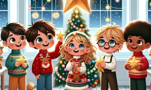 In einem hellen und festlichen Klassenzimmer stehen fünf Kinder zusammen, umgeben von funkelnden Weihnachtsdekorationen. Links lächelt Lukas, ein zehnjähriger Junge mit braunen Haaren und funkelnden Augen, fröhlich, während er einen großen goldenen Stern hält. Neben ihm trägt Mia, ein Mädchen mit lockigem, blondem Haar, einen roten Pullover mit einem Rentier und hält eine bunte Girlande. Etwas weiter dekoriert Ben, ein Junge mit braunen Haaren und runden Brillen, einen Weihnachtsbaum mit glänzenden Kugeln. Schließlich gesellt sich Tim, ein Junge mit schwarzen Haaren und einem schüchternen Lächeln, zu ihnen und hält eine Kiste mit Weihnachtsplätzchen. Das Klassenzimmer ist mit Lichtern, Papier-Schneeflocken, die von der Decke hängen, und einem großen, funkelnden Weihnachtsbaum in der Mitte geschmückt, der mit bunten Dekorationen gefüllt ist. Die Kinder lachen und singen zusammen, teilen Plätzchen und Freude, während Winky, ein kleiner Wichtel mit einer spitzen Mütze und einem lächelnden Gesicht, sie wohlwollend beobachtet, bereit, ihnen zu helfen, die Magie von Weihnachten zu verbreiten.