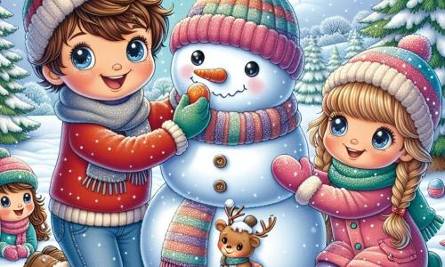 A 9-year-old boy named Oliver, with messy brown hair and rosy cheeks, stands in the center of the scene, a big smile lighting up his face. He wears a bright red sweater and a wool hat, his eyes sparkling with excitement as he shapes a snowman. To his right, his 6-year-old sister Lily, with long braided blonde hair, is picking up snowballs to add to the snowman. She wears a pink scarf and colorful gloves, her eyes shining with joy. To the left, Mia, a 9-year-old girl with brown hair and glasses, is decorating the snowman with a carrot for the nose and pebbles for the eyes, a knowing smile on her face. The setting is an enchanting winter landscape, with trees covered in sparkling snow, a clear blue sky dotted with fluffy white clouds, and snowflakes gently falling around them. The scene captures the magical moment when Oliver, Lily, and Mia build a snowman together, their laughter echoing in the fresh air, embodying the joyful spirit of winter.