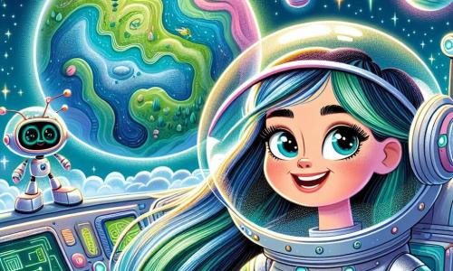 Luna, uma jovem exploradora espacial, tem cabelos longos e brilhantes, vestindo um traje espacial prateado que brilha sob as estrelas. Seu rosto está iluminado por um grande sorriso de empolgação e seus olhos brilham de curiosidade enquanto pilota a nave Aurora. Sparky, um robô engenheiro de braços articulados e cor azul vibrante, verifica os sistemas da nave, concentrado e diligente. Zizi, um pequeno robô redondo com olhos brilhantes, traduz sinais estranhos de um dos planetas, flutuando alegremente ao lado de Luna. A cena se passa no espaço, com a nave Aurora em órbita ao redor de um magnífico planeta colorido, com montanhas verdes, oceanos turquesa e nuvens rosas. Estrelas cintilantes formam um fundo mágico, aumentando a maravilha da exploração. Luna e sua equipe se preparam para pousar neste novo mundo misterioso, ansiosos para descobrir seus segredos e encontrar formas de vida desconhecidas.