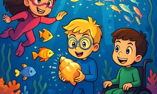 Há 3 personagens: Olívia, uma menina de 9 anos com longos cabelos castanhos e olhos brilhantes, vestindo um traje de mergulho rosa e nadando alegremente cercada por peixes coloridos; Daniel, um garoto de 9 anos com cabelos loiros bagunçados e óculos, segurando uma concha brilhante com admiração, usando um traje de mergulho azul; e Lucas, um garoto de 9 anos sentado em sua cadeira de rodas, com cabelos castanhos e um grande sorriso, vestindo um traje de mergulho verde e admirando a cena subaquática com olhos brilhantes. O cenário é um belo fundo marinho, repleto de corais coloridos, cardumes de peixes cintilantes e raios de luz filtrando pela água, criando uma atmosfera mágica. Os três amigos exploram um fascinante mundo subaquático, maravilhando-se com um grande cardume de peixes luminosos que giram ao seu redor, enquanto uma concha gigante brilha ao fundo, prometendo novas aventuras.