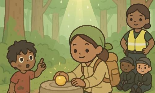 Uma exploradora (Lia), rosto determinado e luminoso, sorriso calmo, cabelos castanhos presos sob um lenço verde, jaqueta cáqui leve e mochila de lona, ajoelhada diante de um altar circular de pedra enquanto encaixa suavemente uma pedra redonda brilhante em uma cavidade, um menino (Nino, ~10 anos) de rosto maravilhado, cabelos pretos desgrenhados e camiseta vermelha suja de lama, em pé à esquerda apontando para cima com olhos arregalados, uma guarda florestal (Joana, ~30 anos) de expressão vigilante porém aliviada, cabelo curto e colete amarelo refletivo, em pé à direita com as mãos na cintura olhando a cena e os dois homens ladrões adultos e lamacentos de boné e jaqueta, algemados e sentados ao fundo com semblantes envergonhados; local: clareira úmida em uma mata-galeria com raízes em tubos, troncos altos cobertos de musgo, um altar de pedra com espirais gravadas, um curso d’água que desaparece sob lajes e tubos de pedra formando uma chaminé para o céu; situação: a pedra acabou de ser recolocada, uma fenda circular nas nuvens se abre deixando um raio de sol dourado atravessar a copa, gotas d’água cintilam no ar, atmosfera de alívio e luz restaurada; paleta: verdes suaves, tons terrosos e cinza pedra, brilho dourado da pedra e do raio, contraste simples, formas arredondadas, traço limpo, sombras mínimas, estética kawaii minimal.