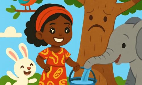 Amina, uma jovem com olhos brilhantes como estrelas e um sorriso radiante, está diante do grande Baobá. Ela usa um vestido colorido de tecido africano, com padrões vibrantes de vermelho e amarelo, e seu rosto expressa determinação e alegria. Ao seu lado, um coelhinho travesso de orelhas grandes, com pelagem branca, salta alegremente, pronto para ajudar. Um pássaro cantor de penas multicoloridas, pousado em um galho, canta alegremente, enquanto um majestoso elefante, com pele cinza e olhos suaves, usa sua tromba para trazer água. A cena acontece sob o grande Baobá, cujos ramos largos e folhosos oferecem uma sombra benéfica. O chão está coberto de grama verde e flores vibrantes, enquanto um céu azul brilhante se estende acima. Amina, com seus amigos, trabalha para encher um balde de água para regar o Baobá, que parece triste. A atmosfera é cheia de vida e camaradagem, enquanto eles trabalham juntos para devolver o sorriso à árvore.