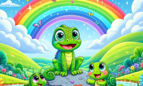 Un pequeño camaleón llamado Colorín, con escamas brillantes y multicolores, está en la cima de la Gran Montaña Verde, con los ojos abiertos de sorpresa y alegría al descubrir un arcoíris brillante que ilumina el cielo. A su lado, una tortuga llamada Lenta, con un caparazón verde y ojos dulces, sonríe orgullosamente, mientras que una pequeña rana llamada Salti, con patas largas y manchas amarillas, salta alegremente a su alrededor. El paisaje es encantador, con colinas verdes, flores coloridas y un cielo azul salpicado de nubes esponjosas, mientras que en el fondo, el arcoíris se extiende majestuosamente, creando una atmósfera mágica. Colorín, maravillado, intenta cambiar de color para armonizarse con el arcoíris, mientras sus amigos lo animan con sonrisas y risas, celebrando juntos este momento de descubrimiento y amistad.