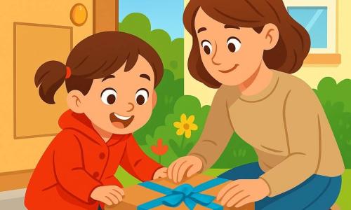 A 4-year-old girl named Lila is wearing a bright red coat and a big curious smile. Her brown hair is tied in two small pigtails. She is crouched at the doorstep, tapping a large brown package adorned with a shiny blue ribbon, her eyes sparkling with excitement. Next to her, her mother, a gentle woman in her 30s with brown hair and a cozy sweater, leans down to read the label on the package with an attentive and warm expression. The setting is a sunny garden with colorful flowers and freshly mowed green grass. The light wooden front door leads to a welcoming home with open windows. The main scene shows Lila, full of enthusiasm, discovering a mysterious package at her doorstep, ready to investigate with her mother by her side, both immersed in the excitement of discovery.