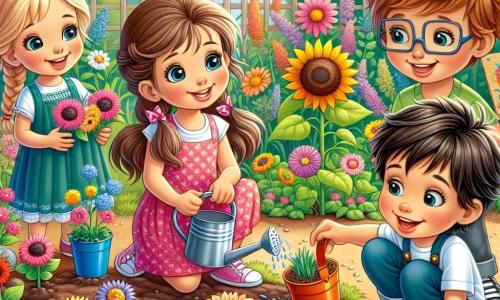 In un giardino scolastico in piena fioritura, quattro bambini sono riuniti per un'attività di giardinaggio. Matteo, un ragazzo di 8 anni con capelli castani e occhi vivaci, è accovacciato con le mani nella terra, mentre pianta semi di girasole. Alla sua destra, Giulia, una ragazza di 7 anni con capelli biondi e trecce, sorride tenendo un piccolo annaffiatoio colorato, pronta ad annaffiare le piante. A sinistra, Luca, un ragazzo di 9 anni con occhiali e capelli castani, osserva attentamente un libro sulle fiori, incuriosito dalle illustrazioni. Infine, Sofia, una ragazza di 8 anni con capelli ricci e un vestito rosa, sta in piedi tenendo un pannello di legno con i nomi dei fiori che pianteranno. Il giardino è vibrante di colori, con fiori di tutte le sfumature, alberi verdi e un cielo blu chiaro punteggiato di nuvole bianche e soffici. I raggi del sole illuminano la scena, creando un'atmosfera gioiosa e primaverile. I bambini si divertono a piantare semi ridendo e chiacchierando, entusiasti di vedere crescere i loro fiori.