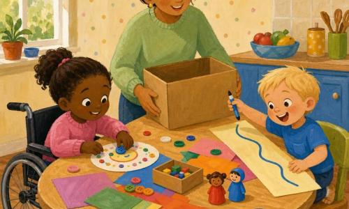 Er zijn drie personen: Noor, 3 jaar, bruin haar in staartjes, roze trui, zit links in haar rolstoel aan de tafel en plakt een knop op het speelbord terwijl ze glimlacht naar een ronde tekening; Sem, 3 jaar, kort blond haar, blauw T-shirt, zit rechts op een klein stoeltje en tekent met een stift een lange "tunnel"-lijn terwijl hij lacht en wijst; de moeder, circa 30 jaar, haar opgestoken, lichtgroene trui, staat achter de tafel en zet een lege kartonnen doos neer terwijl ze liefdevol naar de kinderen kijkt. Locatie: een warme keuken/eetkamer met een lichte houten tafel vol gekleurd papier, knopen, dopjes, schaar, een klein doosje dobbelstenen en twee mini-poppen; zacht licht van links, stippenbehang en een kleurrijk kleed onder de tafel. Situatie: de kinderen maken samen een zelfgemaakt gezelschapsspel — Noor plakt rondjes, Sem trekt lijnen die een "tunnel"-vak vormen; een scheef geplakte knop, verfspatten en penseelstreken zichtbaar; vrolijke sfeer met gedeelde lachjes en levendige gebaren.