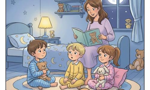 Ci sono quattro persone: Marco, 6 anni, capelli castani corti, pigiama a righe blu e bianco, seduto a sinistra su un tappeto rotondo con un piccolo orsacchiotto beige stretto al petto che guarda la mamma; Luca, 5 anni, capelli biondi spettinati, pigiama giallo, seduto al centro davanti con le gambe piegate e bocca socchiusa meravigliata; Giulia, 6 anni, capelli castani lunghi raccolti in coda, pigiama rosa a cuoricini, seduta a destra contro un cuscino con un coniglietto di stoffa bianco tra le braccia e un sorriso timido; la mamma, circa 30 anni, capelli castani sciolti, vestito lavanda, seduta sul bordo del letto dietro i bambini che tiene un grande libro illustrato aperto indicando una pagina mentre legge; ambientazione: una cameretta calda di notte con pareti azzurro chiaro e stelle dipinte, letto a sinistra con coperta a motivo luna, lampada da comodino gialla accesa, finestra a destra con una grande luna brillante e scaffale con libri e peluche; situazione: i tre bambini ascoltano la mamma che legge una storia su un orsetto, visi illuminati dalla luce calda, atmosfera calma e rassicurante, orsacchiotto in primo piano a richiamare il tema della paura del buio.