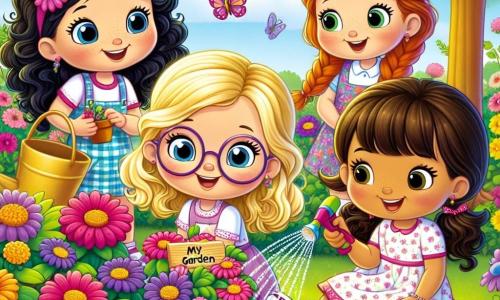 Quattro bambine di sei anni, Clara, Emma, Sofia e Luna, sono riunite in un giardino soleggiato. Clara, con i capelli castani e occhiali rotondi, tiene un annaffiatoio e innaffia un vaso di fiori colorati. Emma, con i capelli biondi e ricci, sorride tenendo un piccolo cartello di legno con scritto "Il mio giardino". Sofia, con i capelli castani e una treccia, osserva con meraviglia un germoglio che inizia a sbocciare. Infine, Luna, con i capelli neri e lisci, è accovacciata mentre disegna fiori su un quaderno con colori. Il giardino è pieno di fiori vivaci: rosa, gialli e viola, mentre farfalle danzano intorno a loro. Sullo sfondo, un grande albero con rami fioriti offre ombra, e il cielo è blu brillante, punteggiato di nuvole bianche e soffici. Le quattro amiche lavorano insieme per far crescere il loro giardino, ridendo e incoraggiandosi a vicenda, illustrando la magia e la gioia della primavera che le circonda.